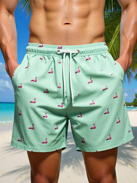 Manfinity Swimmode شورت رجالي كاجوال أنيق للشاطئ، مزين بطبعة فلامنجو، مزود برباط عند الخصر وجيوب