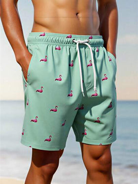 Manfinity Swimmode شورت رجالي كاجوال أنيق للشاطئ، مزين بطبعة فلامنجو، مزود برباط عند الخصر وجيوب