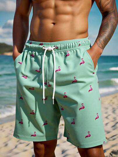 Manfinity Swimmode شورت رجالي كاجوال أنيق للشاطئ، مزين بطبعة فلامنجو، مزود برباط عند الخصر وجيوب