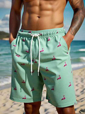 Manfinity Swimmode شورت رجالي كاجوال أنيق للشاطئ، مزين بطبعة فلامنجو، مزود برباط عند الخصر وجيوب