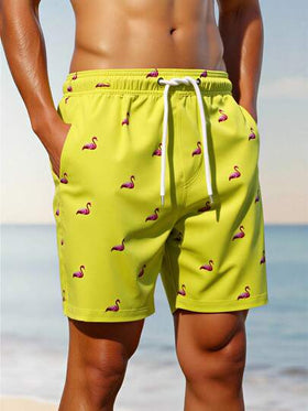 Manfinity Swimmode شورت رجالي كاجوال أنيق للشاطئ، مزين بطبعة فلامنجو، مزود برباط عند الخصر وجيوب