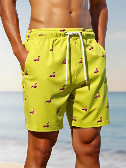 Manfinity Swimmode شورت رجالي كاجوال أنيق للشاطئ، مزين بطبعة فلامنجو، مزود برباط عند الخصر وجيوب