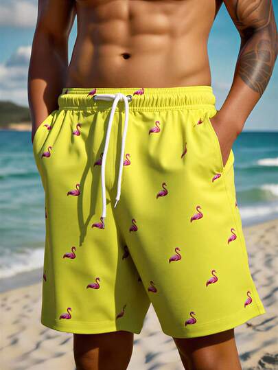 Manfinity Swimmode شورت رجالي كاجوال أنيق للشاطئ، مزين بطبعة فلامنجو، مزود برباط عند الخصر وجيوب