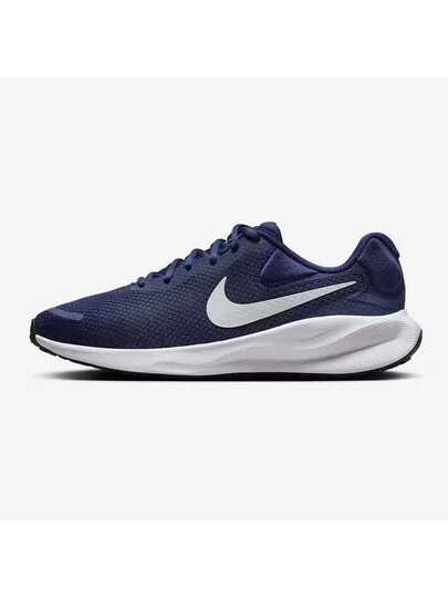Nike حذاء ركض رجالي من نايك ريفولوشن 7 خفيف الوزن، منفذ للهواء، شبكي، متين، ماص للصدمات، مناسب للركض في الهواء الطلق والتدريب واللياقة البدنية، لون أزرق داكن، أحذية رياضية كاجوال متعددة الاستخدامات، موديل ضروري FB2207-400