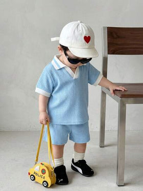 SHEIN Vintaside Kids مجموعة أزرق للأطفال الرضع من 0-3 سنوات، بنطلون قصير مع ملابس علوية كم قصير مطابق، بتصميم بسيط بدون نقشات، فضفاض، مناسب للخروجات والاستخدام المنزلي والرياضة الخفيفة، ملابس صيفية للأطفال، ملابس خارجية للأطفال
