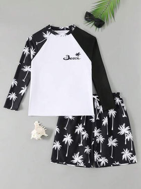 SHEIN جاكيت واقي من الشمس مطبوع بتصميم جديد للمراهقين الذكور، بدلة سباحة بأكمام طويلة