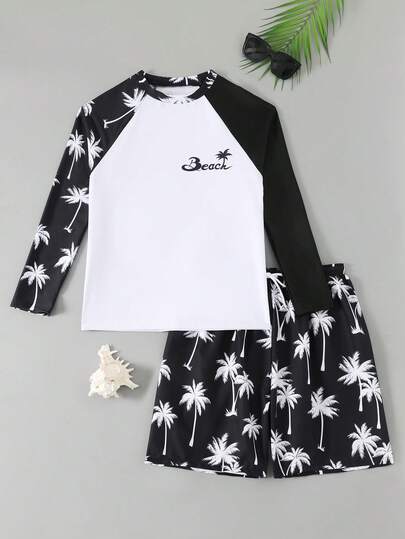 SHEIN جاكيت واقي من الشمس مطبوع بتصميم جديد للمراهقين الذكور، بدلة سباحة بأكمام طويلة