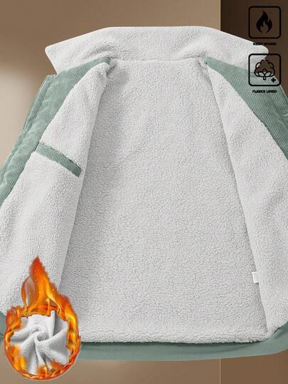 Manfinity Homme معطف فليس متعدد الجيوب للرجال في فصلي الخريف والشتاء، معطف كاجوال بياقة من الكوردروي بتصميم صديق الحبيب باللون الخاكي، معطف مبطن حراريًا للرجال الشباب، معطف مبطن حراريًا، معطف رجالي فينتاج، معطف رجالي، هدية للصديق/الزوج، هدية عيد ميلاد/ذكر