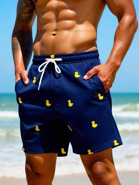 Manfinity Swimmode شورت شاطئ للرجال بخصر رباط مطبوع بطبعة بطة كرتونية