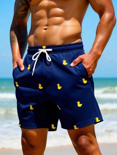 Manfinity Swimmode شورت شاطئ للرجال بخصر رباط مطبوع بطبعة بطة كرتونية
