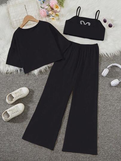 SHEIN Sparklyn طقم كاجوال قطعتين للفتيات المراهقات، بتصميم رقبة دائرية وأكمام قصيرة منسدلة، لون أحادي، مناسب للصيف