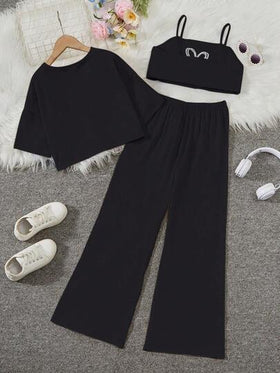 SHEIN Sparklyn طقم كاجوال قطعتين للفتيات المراهقات، بتصميم رقبة دائرية وأكمام قصيرة منسدلة، لون أحادي، مناسب للصيف