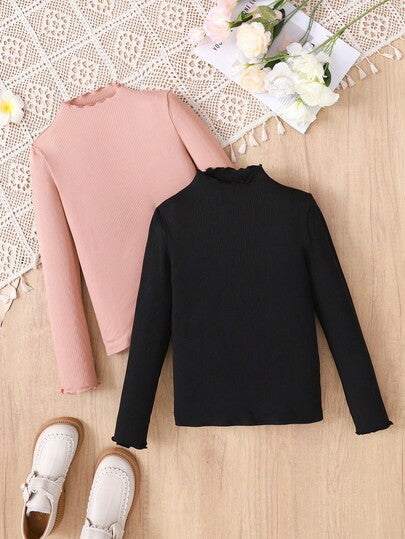 SHEIN مجموعة من قطعتين للفتيات المراهقات، ملابس علوية كاجوال أساسي بياقة عالية وأكمام طويلة بلون واحد مع تصميم موجي، مناسب للارتداء اليومي والمدرسة والحفلات، عرض اشتري واحد وأحصل على واحد مجانًا