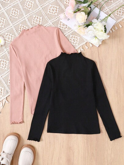 SHEIN مجموعة من قطعتين للفتيات المراهقات، ملابس علوية كاجوال أساسي بياقة عالية وأكمام طويلة بلون واحد مع تصميم موجي، مناسب للارتداء اليومي والمدرسة والحفلات، عرض اشتري واحد وأحصل على واحد مجانًا
