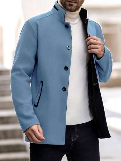Manfinity Homme معطف صوفي طويل الأكمام للرجال ذو ياقة عالية وأزرار فردية، متعدد الاستخدامات للارتداء اليومي