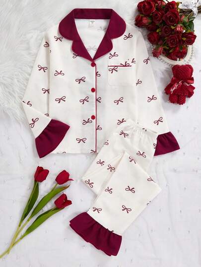 SHEIN Vintaside Kids مجموعة بنطلون وكارديجان بأكمام طويلة مطبوعة بالفراشات للبنات، ملابس منزلية مريحة وكاجوال، 2 قطعة
