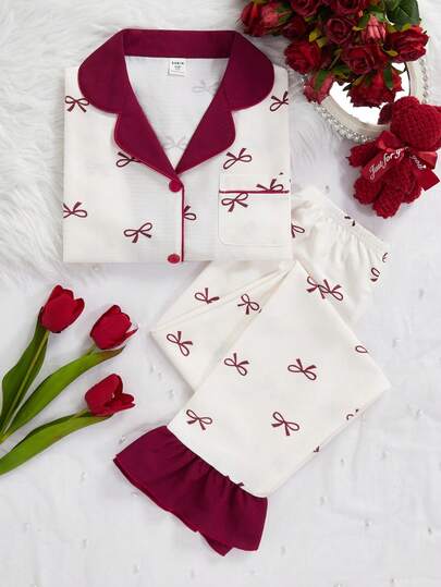 SHEIN Vintaside Kids مجموعة بنطلون وكارديجان بأكمام طويلة مطبوعة بالفراشات للبنات، ملابس منزلية مريحة وكاجوال، 2 قطعة