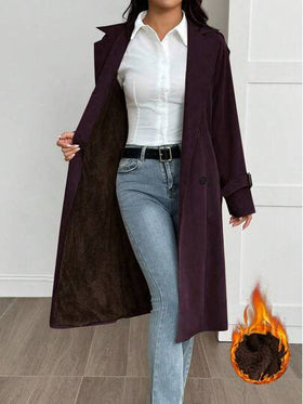 SHEIN PETITE معطف ترنش بأكمام طويلة وحزام خصر بلون واحد، للربيع والصيف/الصيف