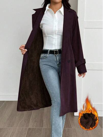 SHEIN PETITE معطف ترنش بأكمام طويلة وحزام خصر بلون واحد، للربيع والصيف/الصيف