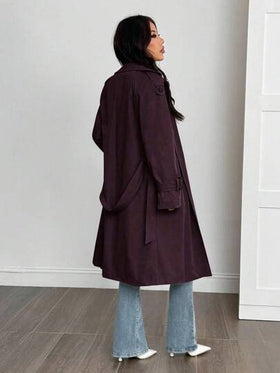SHEIN PETITE معطف ترنش بأكمام طويلة وحزام خصر بلون واحد، للربيع والصيف/الصيف