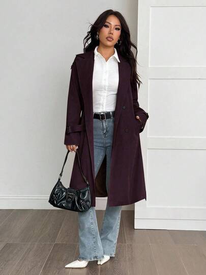 SHEIN PETITE معطف ترنش بأكمام طويلة وحزام خصر بلون واحد، للربيع والصيف/الصيف
