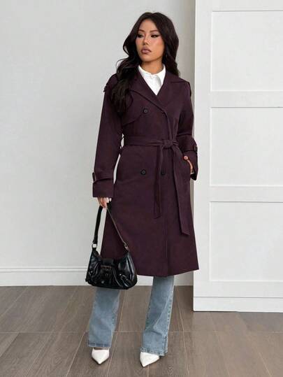 SHEIN PETITE معطف ترنش بأكمام طويلة وحزام خصر بلون واحد، للربيع والصيف/الصيف