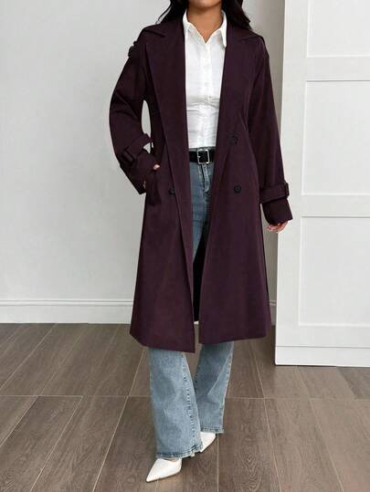 SHEIN PETITE معطف ترنش بأكمام طويلة وحزام خصر بلون واحد، للربيع والصيف/الصيف