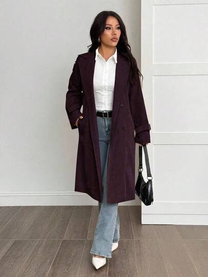 SHEIN PETITE معطف ترنش بأكمام طويلة وحزام خصر بلون واحد، للربيع والصيف/الصيف