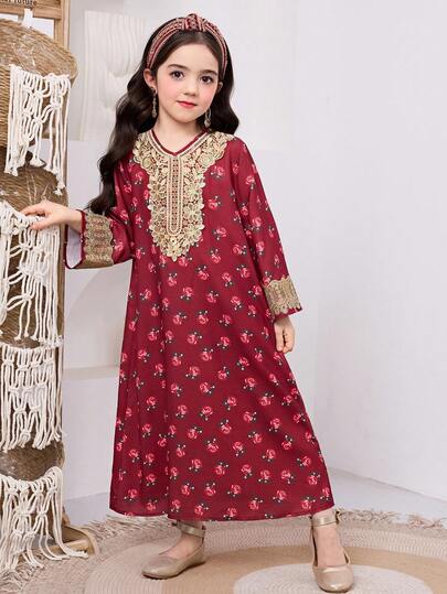 SHEIN فستان كاجوال فضفاض بياقة دائرية مطبوع بطبعة زهرية للفتاة الصغيرة