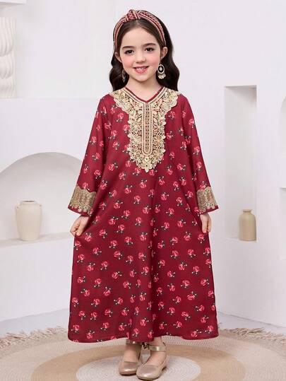 SHEIN فستان كاجوال فضفاض بياقة دائرية مطبوع بطبعة زهرية للفتاة الصغيرة