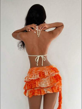 Swim Glamine بيكيني مكون من 3 قطع للنساء، قطعة علوية بطراز الربطة والكشكشة، قطعة سفلية بتصميم مثير ظهر عاري، مناسب للشاطئ والعطلات
