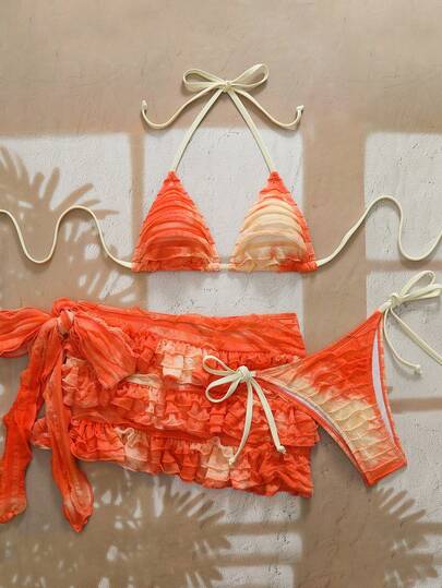 Swim Glamine بيكيني مكون من 3 قطع للنساء، قطعة علوية بطراز الربطة والكشكشة، قطعة سفلية بتصميم مثير ظهر عاري، مناسب للشاطئ والعطلات