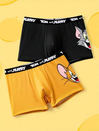 TOM & JERRY X SHEIN شورت داخلي مريح للأولاد المراهقين 2 قطعة مزين برسوم كرتونية جذابة وشريط كتابي متباين