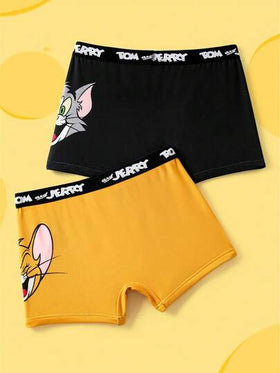 TOM & JERRY X SHEIN شورت داخلي مريح للأولاد المراهقين 2 قطعة مزين برسوم كرتونية جذابة وشريط كتابي متباين