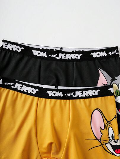 TOM & JERRY X SHEIN شورت داخلي مريح للأولاد المراهقين 2 قطعة مزين برسوم كرتونية جذابة وشريط كتابي متباين