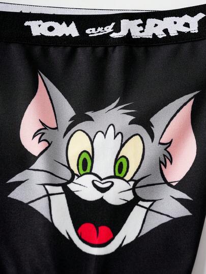 TOM & JERRY X SHEIN شورت داخلي مريح للأولاد المراهقين 2 قطعة مزين برسوم كرتونية جذابة وشريط كتابي متباين