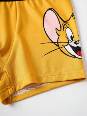 TOM & JERRY X SHEIN شورت داخلي مريح للأولاد المراهقين 2 قطعة مزين برسوم كرتونية جذابة وشريط كتابي متباين