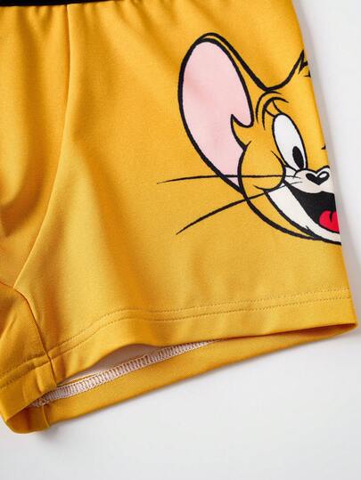 TOM & JERRY X SHEIN شورت داخلي مريح للأولاد المراهقين 2 قطعة مزين برسوم كرتونية جذابة وشريط كتابي متباين