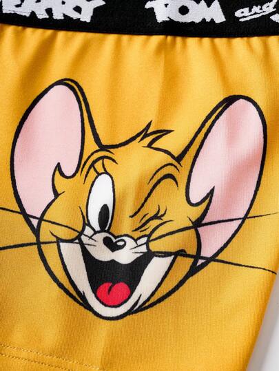 TOM & JERRY X SHEIN شورت داخلي مريح للأولاد المراهقين 2 قطعة مزين برسوم كرتونية جذابة وشريط كتابي متباين