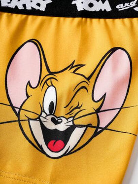 TOM & JERRY X SHEIN شورت داخلي مريح للأولاد المراهقين 2 قطعة مزين برسوم كرتونية جذابة وشريط كتابي متباين