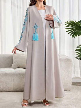 Al Najma رمضان عبايات عباءة عربية كاجوال للنساء بأكمام طويلة مزينة بنقشات مطرزة وشرابات، مناسبة للحفلات والعطلات