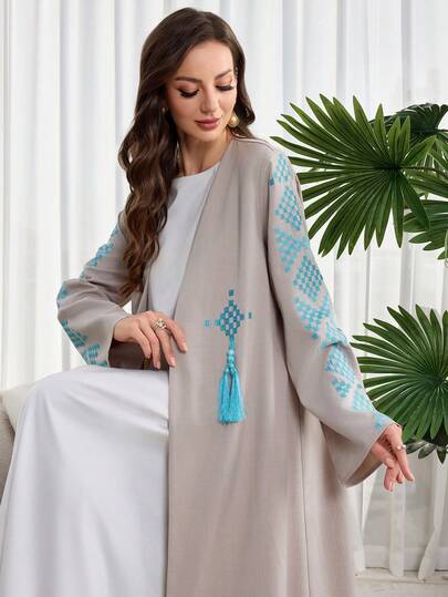 Al Najma رمضان عبايات عباءة عربية كاجوال للنساء بأكمام طويلة مزينة بنقشات مطرزة وشرابات، مناسبة للحفلات والعطلات