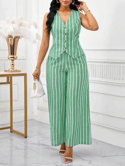 SHEIN Lady بدلة نسائية أنيقة من قطعتين، سترة بدون أكمام وبنطلون مخطط باللون الأزرق والأبيض، طراز عمل وتنقل، ملابس صيفية للنساء