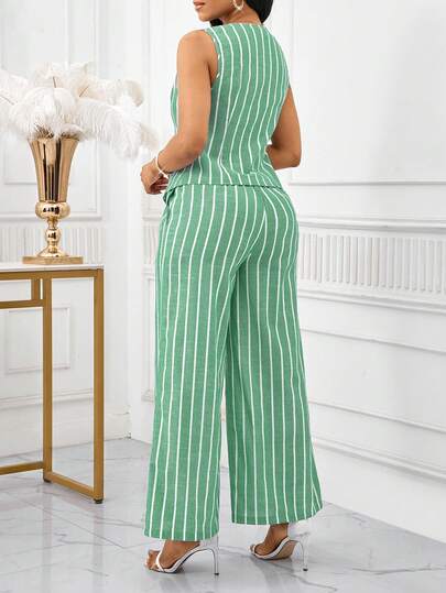 SHEIN Lady بدلة نسائية أنيقة من قطعتين، سترة بدون أكمام وبنطلون مخطط باللون الأزرق والأبيض، طراز عمل وتنقل، ملابس صيفية للنساء