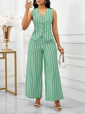 SHEIN Lady بدلة نسائية أنيقة من قطعتين، سترة بدون أكمام وبنطلون مخطط باللون الأزرق والأبيض، طراز عمل وتنقل، ملابس صيفية للنساء