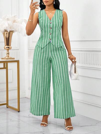 SHEIN Lady بدلة نسائية أنيقة من قطعتين، سترة بدون أكمام وبنطلون مخطط باللون الأزرق والأبيض، طراز عمل وتنقل، ملابس صيفية للنساء