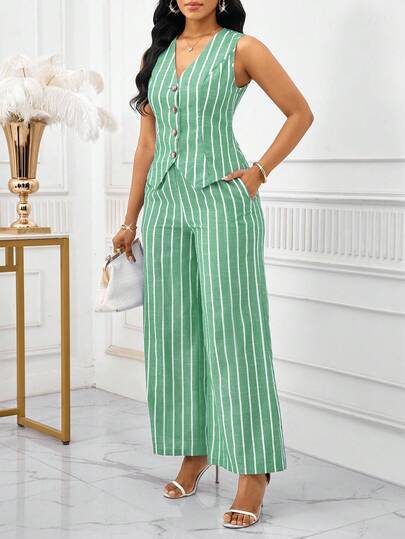 SHEIN Lady بدلة نسائية أنيقة من قطعتين، سترة بدون أكمام وبنطلون مخطط باللون الأزرق والأبيض، طراز عمل وتنقل، ملابس صيفية للنساء