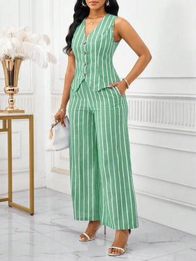 SHEIN Lady بدلة نسائية أنيقة من قطعتين، سترة بدون أكمام وبنطلون مخطط باللون الأزرق والأبيض، طراز عمل وتنقل، ملابس صيفية للنساء