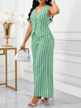 SHEIN Lady بدلة نسائية أنيقة من قطعتين، سترة بدون أكمام وبنطلون مخطط باللون الأزرق والأبيض، طراز عمل وتنقل، ملابس صيفية للنساء