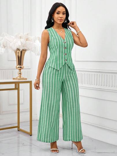 SHEIN Lady بدلة نسائية أنيقة من قطعتين، سترة بدون أكمام وبنطلون مخطط باللون الأزرق والأبيض، طراز عمل وتنقل، ملابس صيفية للنساء